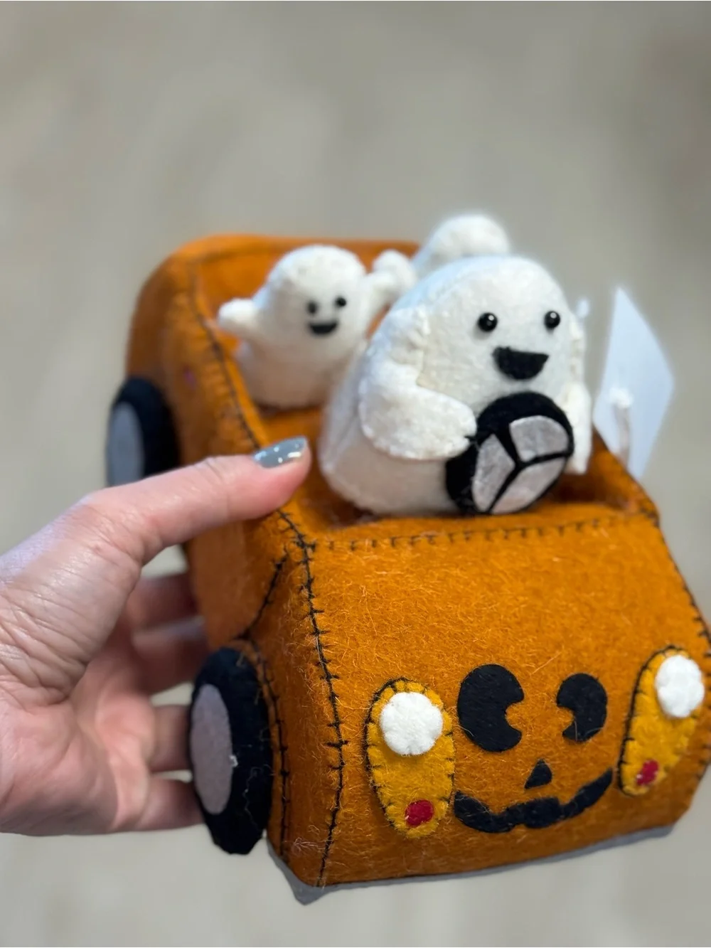 Orange Felt Halloween Car with Ghosts